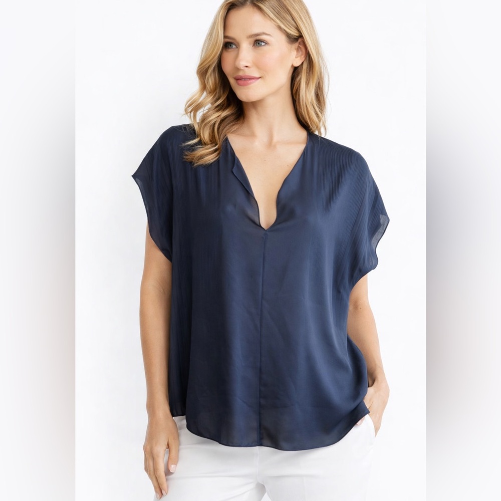 Vince Silk Blouse Blue Split Neck  Subtle Pleated Textured Relaxed Top XS